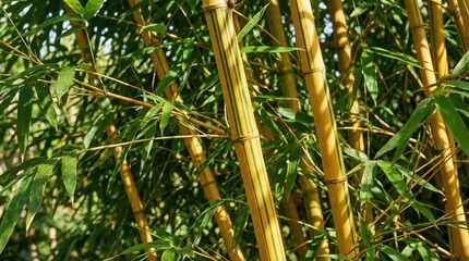 Close up yellow bamboo stalks with green stripes and fresh green Bambusa vulgaris leaf in nature garden