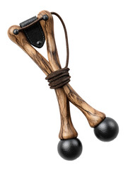 Wooden slingshot with black balls rustic outdoor toy for hunting and sport isolated on white background.