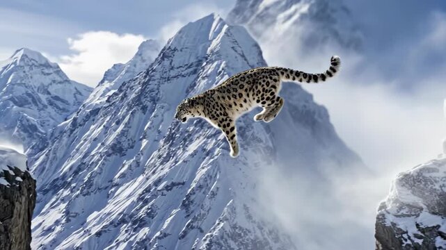 Snow leopard leaping through the air between rocky cliffs in a majestic snowy mountain landscape