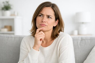 Thoughtful Woman Sitting On Sofa With Concerned Expression. A woman sits on a sofa touching her chin, showing uncertainty and inner tension while reflecting on a difficult decision in a calm home.