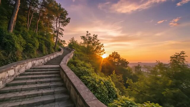 Stone staircase winding up a lush green hillside overlooking a city at sunset with a warm golden glow and cinematic lighting
