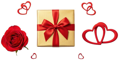 Golden gift box with red ribbon rose and hearts
