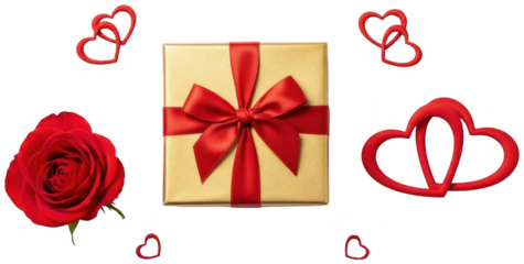 Golden gift box with red ribbon rose and hearts