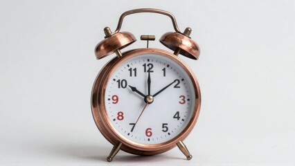 Vintage copper alarm clock on white background
