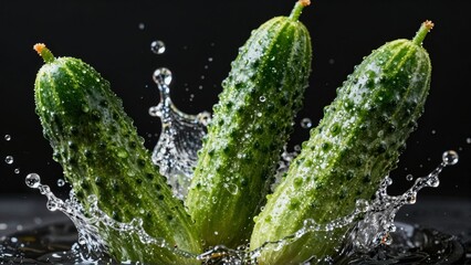 Cucumbers with water droplets and splashes