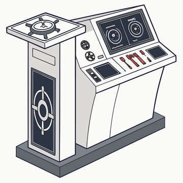 Futuristic maritime VR training simulator for ship crew and pilot education, immersive virtual reality hardware setup, vector design.