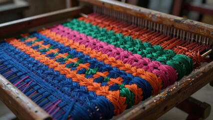 Colorful weaving loom with vibrant threads
