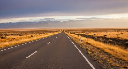 Fototapeta premium A Long and Empty Asphalt Road Extending to the Distant Horizon Under a Vast, Open Sky