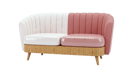 Two-tone pink curved sofa with wooden base and tapered legs