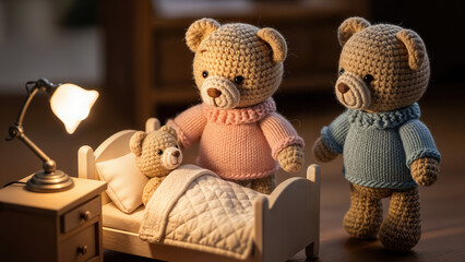 Cute knitted bears caring for a sleeping bear in a cozy bedroom. Family life, care and support concept.