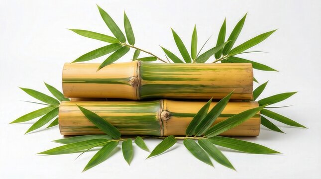Bambusa vulgaris leaf and yellow bamboo stalks with green stripes lying on white background