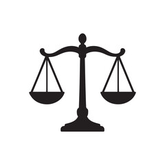 A golden 3d metal scale of justice symbol representing law and equality stands as a brass measurement of legal weight for a judge or lawyer in court silhouette