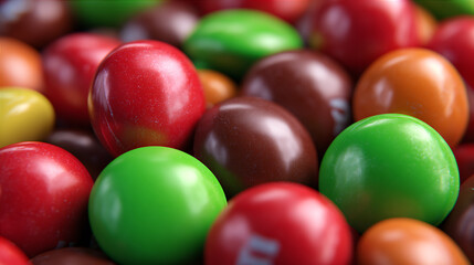 M&M style coated chocolate candies in macro view, bright glossy layout