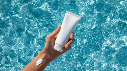 A graceful woman's hand, with a delicate swatch or smear of face cream visible on her forearm, elegantly holds a pristine, white mockup jar of face cream. 