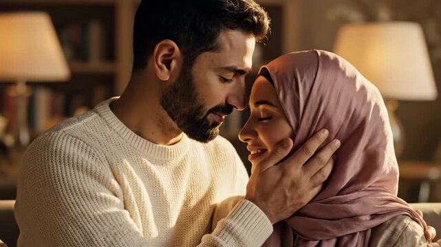 Affectionate muslim couple sharing a tender moment at home. A loving husband kisses his wife in a hijab on the forehead. Romance and relationship concept