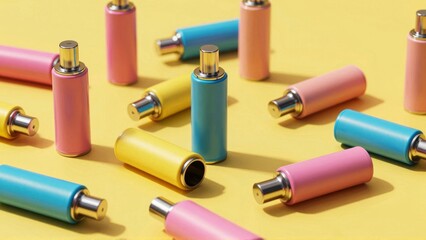 Pastel cylindrical containers on yellow background