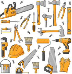 Collection of professional construction hand tools and power equipment icons including chainsaw drill hammer saw helmet and paintbrush vector set for industrial 