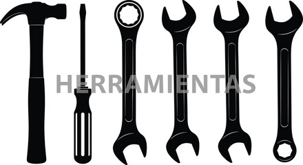 Professional black silhouette tool set including hammer screwdriver and wrenches for construction repair maintenance hardware and industrial workshop projects isolated on white background