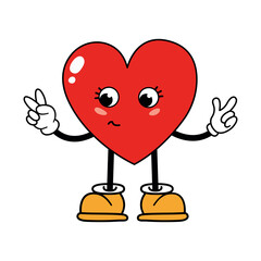 Cartoon Heart Character Doing Peace Sign. White background, isolate