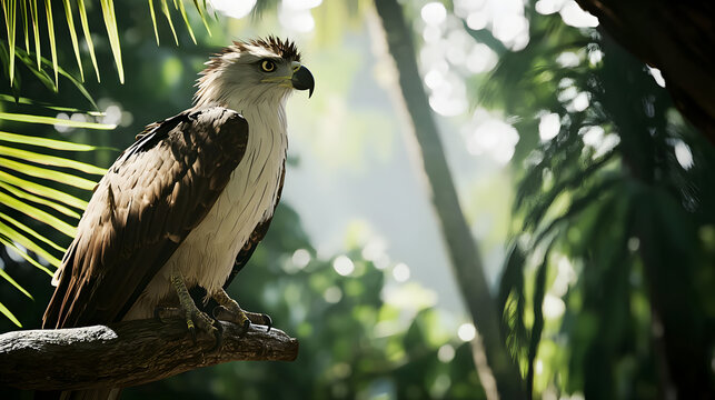 Philippine eagle perches on a tree branch amidst a dense tropical forest on a sunny day - Powered by Adobe