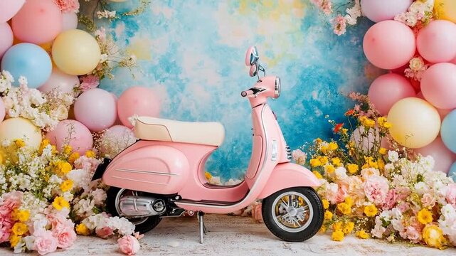 A charming pink scooter surrounded by colorful flowers and balloons.