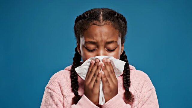 Sick young girl blowing her nose into a tissue. Unwell child with cold, flu, or allergy symptoms. Illness and healthcare concept on a blue studio background