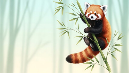 Red Panda Climbing Bamboo &ndash; Airy Watercolor on Mint to Cream Gradient with Copy Space for World Wildlife Day Conservation