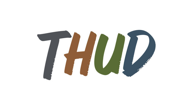 A wordmark "THUD" in various colors against a white background, brushstroke style