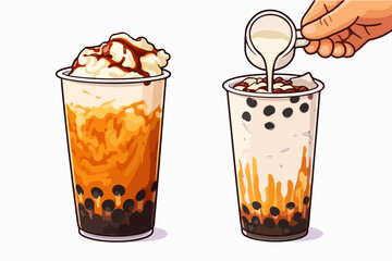 Freshly prepared cup of milk bubble tea with milk added.