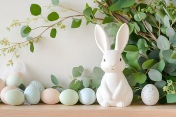 Easter bunny figurine with pastel eggs and spring decorations for holiday celebration