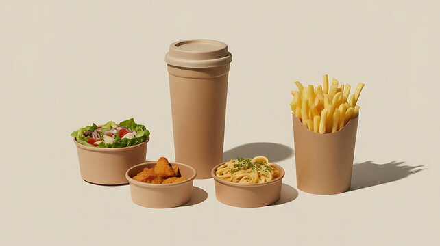 Fast food in eco friendly containers on beige background transparent background