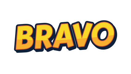 Bold "BRAVO" text, yellow letters with orange highlights and dark blue shadow on white