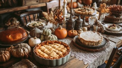 A family-style autumn table filled with baked pies, seasonal vegetables, and plenty of autumn-themed decor.
