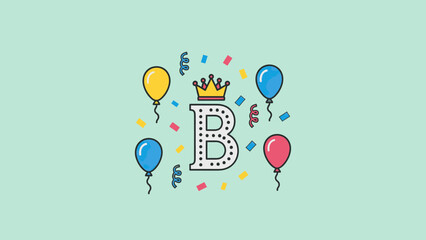 A pastel background features a 'B' with a crown, balloons, confetti, and swirling lines © gudangPIXEL