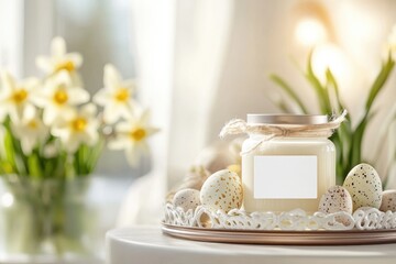 Easter candle jar mockup with blank label among spring decorations for holiday design