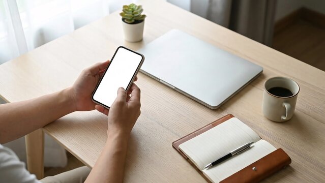 Overhead view of hands holding a smartphone with a blank screen next to a laptop, notebook, and coffee cup on a wooden desk