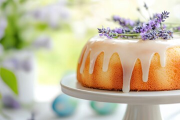 Freshly baked easter cake with drizzle glaze and lavender decoration for spring celebration