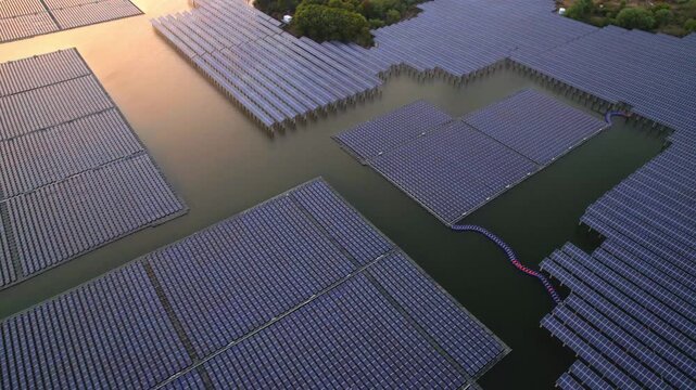 Floating solar power station arrays at sunset with reflective water surface and geometric layout