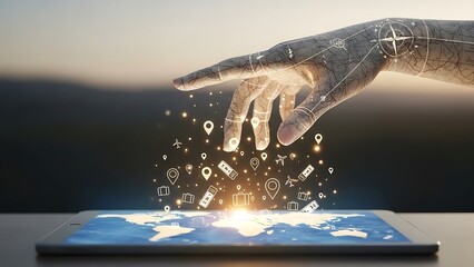 Digital map on tablet with hand made of map reaching out to location icons travel navigation