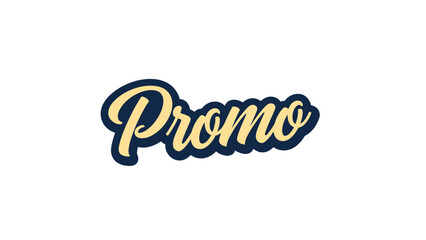 The word "Promo" in a stylized, script font with a navy blue outline and a cream fill, on white