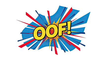 A yellow "OOF!" speech bubble on a stylized burst of blue, red, and yellow, pop art style © gudangPIXEL