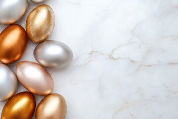 Metallic easter eggs in gold, silver, and bronze on marble surface for elegant holiday decor