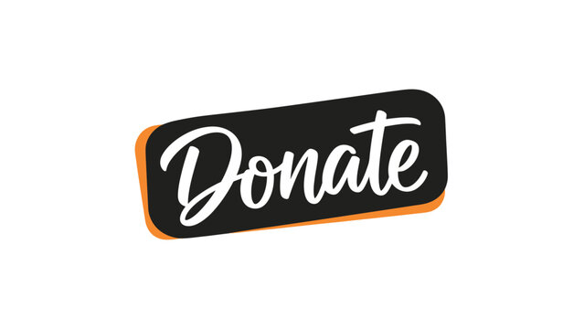 Donate" text in white script, on a rounded black rectangle with orange border, white background