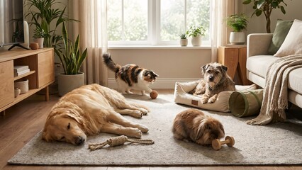 Golden retrievers and a small dog comfortably relax alongside a playful cat in a warm, sun-drenched living room, creating a serene and inviting pet-friendly home atmosphere