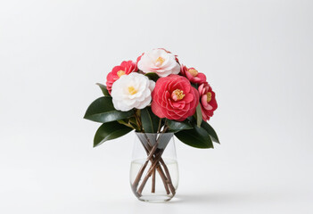 Camellia bouquet on white background, romantic flowers, glossy leaves, classic arrangement, elegant composition