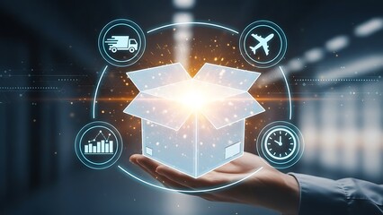 Hand Presenting Open Box with Logistics and Delivery Icons shipping package