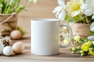Mockup of white ceramic mug on wooden surface with easter decor