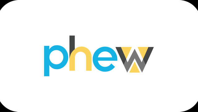 A text-based logo, "phew," composed in colorful letters against a rounded-corner white background