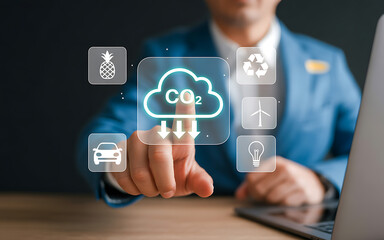 Man interacting with carbon emission technology