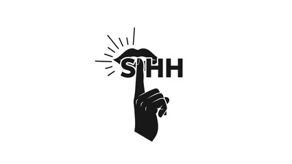 Silhouetted image of a mouth, finger, and the letters "SHH" against a white background